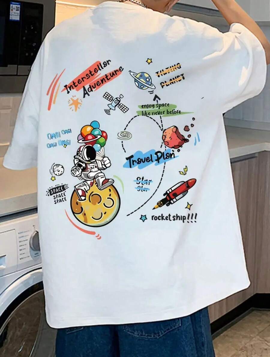 Interstellar Adventure Oversized T-Shirt (FRONT) AND (BACK) Men Women Cotton Shirt Reinforced Stitching Unisex StreetWear - 白色 - 查看 1