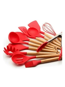Kitchen Set Kit With 12 Silicone Pieces, Utensils And Cup Holder For Kitchen With Wooden Handle - Red - View 2