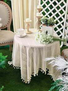 1 pieza Mantel de estilo francés vintage romántico de encaje blanco con borlas, adecuado para picnic, fiesta festiva, boda, evento, decoración de habitación