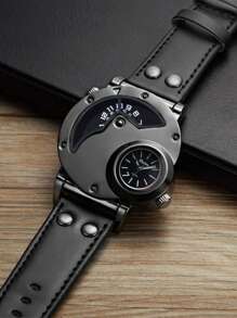 1 pieza Reloj de hombre de moda, reloj de lujo de marca para hombres, reloj de cuarzo de zona horaria dual, reloj casual para hombres, reloj deportivo para hombres, reloj con estilo hip-hop - Negro - Ver 4