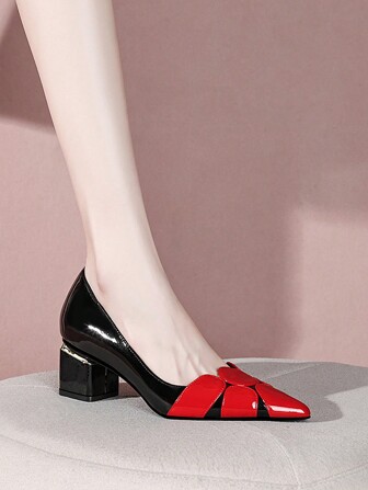 Spring New Fashion White, Black, Red, Silver High Heel Pointed Toe Thick Heeled Low Vamp Versatile Pumps For Women, Party & Wedding