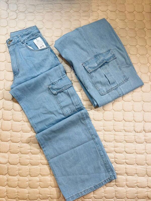 H MODA Calça jeans femenina cargo wideleg de cintura alta tecido sarjas