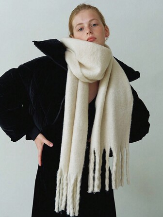 1pc Women's Solid Color Long Faux Mohair Scarf With Tassel, Warm And Windproof Faux Cashmere Shawl For Daily Use