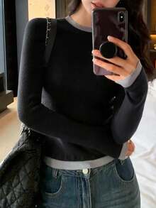 女士圆领修身薄款针织撞色毛衣，简约休闲，秋冬款，适合日常通勤，长袖上衣，黑色 - 黑色 - 查看 4
