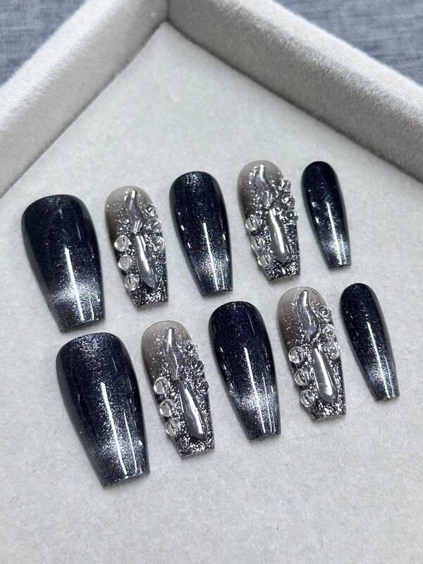 10pcs/Set Extra-Long Coffin Nails Gradient Black Cat Eye Rhinestone Detachable Press-On Manicure With Jelly Gel, Including 1pc Cuticle Pusher And 1pc Nail File Nail Supplies