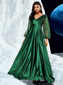 UNITHORSE V-Neck Glamour Sequin & Beaded Lantern Sleeve Patchwork Satin Pleated Detail Elegant Formal Gown Dress, Long Sleeve Prom Evening Dress, For Wedding Guest, Graduation, Dinner - Dark Green - View 1