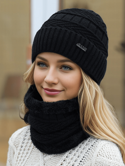 Conjunto de 1 peça de gorro de malha com forro térmico e aquecedor de pescoço, feminino/masculino, cor sólida, adequado para uso ao ar livre, na rua e diário no outono/inverno, gorro unissex moderno, presente ideal, acessórios de inverno, roupas de inverno