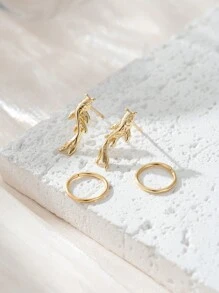 2 Pasang Anting Hoop dan Anting Tusuk Motif Ikan Emas Keberuntungan yang Elegan, Aksesoris Perhiasan Wanita - Yellow Gold - View 5