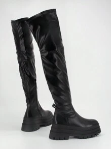 Women's Over The Knee Boots Round Toe Fashion Pleated Boots High Heels Thick Sole Stretch Boots Black Slip-On Flat Platform Boots
