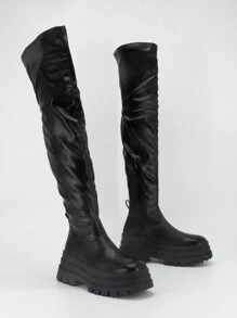Women's Over The Knee Boots Round Toe Fashion Pleated Boots High Heels Thick Sole Stretch Boots Black Slip-On Flat Platform Boots