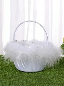 1pc Wedding Flower Girl Basket Mini Lace, Feather, And Flower Basket With Handle For Wedding, White Lace Flower Basket Used As Photography Prop And Wedding Accessories Jewelry Flower Basket - Multicolor - View 5