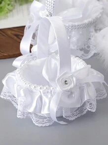1pc Wedding Flower Girl Basket Mini Lace, Feather, And Flower Basket With Handle For Wedding, White Lace Flower Basket Used As Photography Prop And Wedding Accessories Jewelry Flower Basket - Multicolor - View 3
