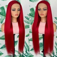 Red Color Hair Long Straight Hair Synthetic Lace Front Wigs 13x4x1 T Part Glueless Pre Plucked Heat Resistant Fiber Frontal Lace Replacement Wig Ready To Wear Natural Light Pink Color For Women Girls Party Concert Makeup Use Daily Wear 32inches - 紅色 - 查看 5
