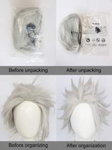 万圣节男士短尖刺分层直发银色假发耐热合成纤维尖刺头发动漫角色扮演假发节日狂欢节服装假发男士卡通人物头发漫画假发派对感恩节生日礼物圣诞节装饰和 1 个假发帽 - 需要自己造型 - 銀色 - 查看 7