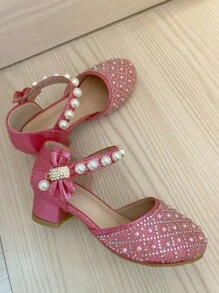 1pair Girls Fashion Elegant Bowknot Pearl Rhinestone Design Princess High Heel Dress Shoes, Pink Color, Breathable Anti-Slip, Suitable For Spring Summer Autumn Wedding Party Stage