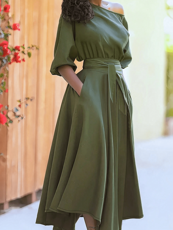 Vestido casual de unicolor con cuello asimétrico para mujer, otoño