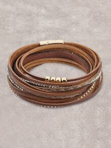 1pc Snake Pattern Leather Wrap Bracelet With Crystal Studs, Bohemian Style Wristband For Men, Gift For Women/Wife/Mother
