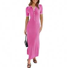 Womens Short Sleeve Maxi Dress Summer Bodycon Button V Neck Collared Knit Elegant Party Long Sweater Dresses - 粉色 - 查看 1