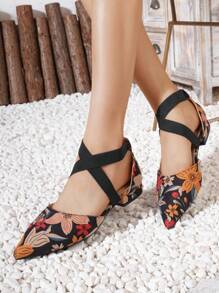 Retro Floral Hollow Cut-Out Elastic Band Pointed Toe Flat Sandals For Women