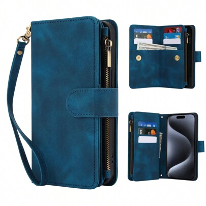 Solid Color Blue Genuine Leather Cardholder Wallet Phone Case With Card Slots And Lanyard, Protective Cover Compatible With Samsung Galaxy & Pixel, Waterproof Shockproof Anti-Fall Anti-Scratch, Full-Body Design, Easter Spring Gift