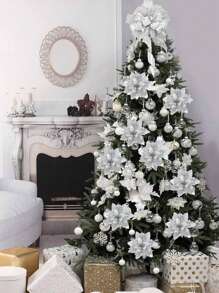 10 Piezas de Flores Navideñas, Dorado, Rojo, Plateado, Flores para Árbol de Navidad, Flores Navideñas Brillantes, Flores de Poinsetia, Artificiales para Decoración de Árbol de Navidad, Decoración de Fiesta, Navidad