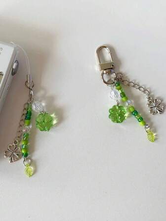 1 件新鲜绿色四叶草手工串珠挂绳，手机/包包挂饰，适合家人和朋友万圣节汽车配件学校可爱哥特 Y2k 万圣节配件教师节圣诞礼物创意
