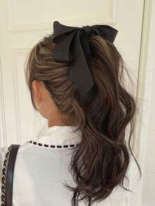 1pc Women's Black & White Color Block Acrylic Multi-Layer Bow Satin Fabric Vertical Ponytail Banana Clip, Elegant Hair Clip For Daily Wear, Dating, Outings, Gatherings - Black - View 16