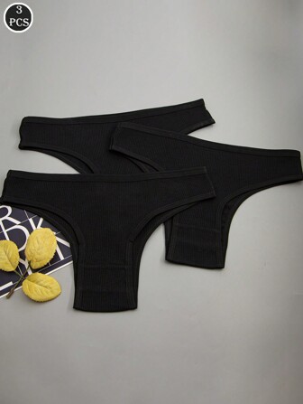 3pcs Women's Black Ribbed  Breathable Hipster Briefs