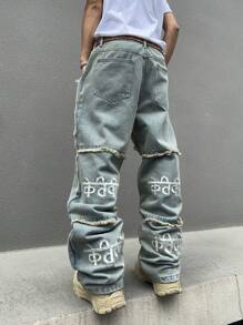 1pc Men's Streetwear Hip-Hop Style Embroidered Frayed Loose Fit Denim Jeans - Blue - View 5