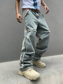 1pc Men's Streetwear Hip-Hop Style Embroidered Frayed Loose Fit Denim Jeans - Blue - View 7