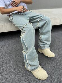 1pc Men's Streetwear Hip-Hop Style Embroidered Frayed Loose Fit Denim Jeans - Blue - View 6