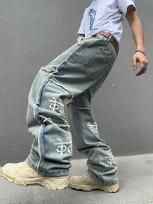 1pc Men's Streetwear Hip-Hop Style Embroidered Frayed Loose Fit Denim Jeans - Blue - View 8