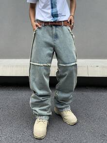 1pc Men's Streetwear Hip-Hop Style Embroidered Frayed Loose Fit Denim Jeans - Blue - View 3