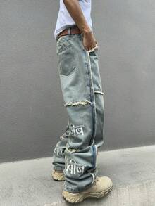 1pc Men's Streetwear Hip-Hop Style Embroidered Frayed Loose Fit Denim Jeans - Blue - View 4