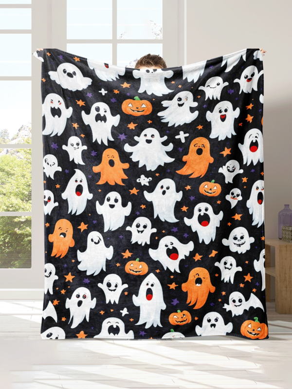 1pc Halloween Throw Blanket Cute Ghost Striped Flannel Fleece Blanket Halloween Themed Soft Plush Warm Decoration Blankets For Women Men Girls