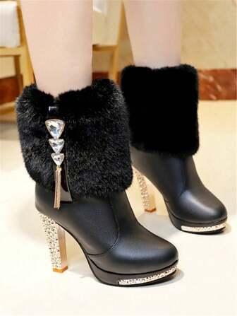 2025 Autumn/Winter New Women's Shoes, White Fashion Boots, Black Mid-Calf Boots With Fur Trim, Rhinestone High Heels, Slim Heel Short Boots,Y2k Shoes
