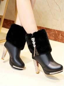 2025秋冬新款女鞋，白色时尚靴，黑色毛边中筒靴，水钻高跟鞋，细跟短靴，Y2K风格鞋，女士厚底高跟鞋 - 黑色 - 查看 3