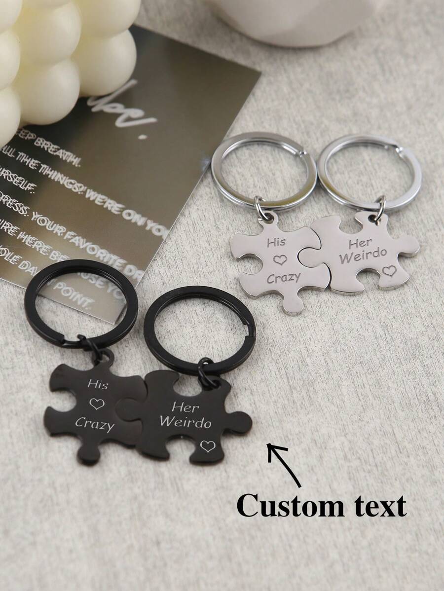 2pcs Couple Block Puzzle Keychain Laser Printed Metal Keychain Custom Keychain Suitable For Valentine's Day Gifts, Anniversary Gifts, Father's Day Gifts, Mother's Day Gifts, Gifts For Best Friends - Multicolor - View 1