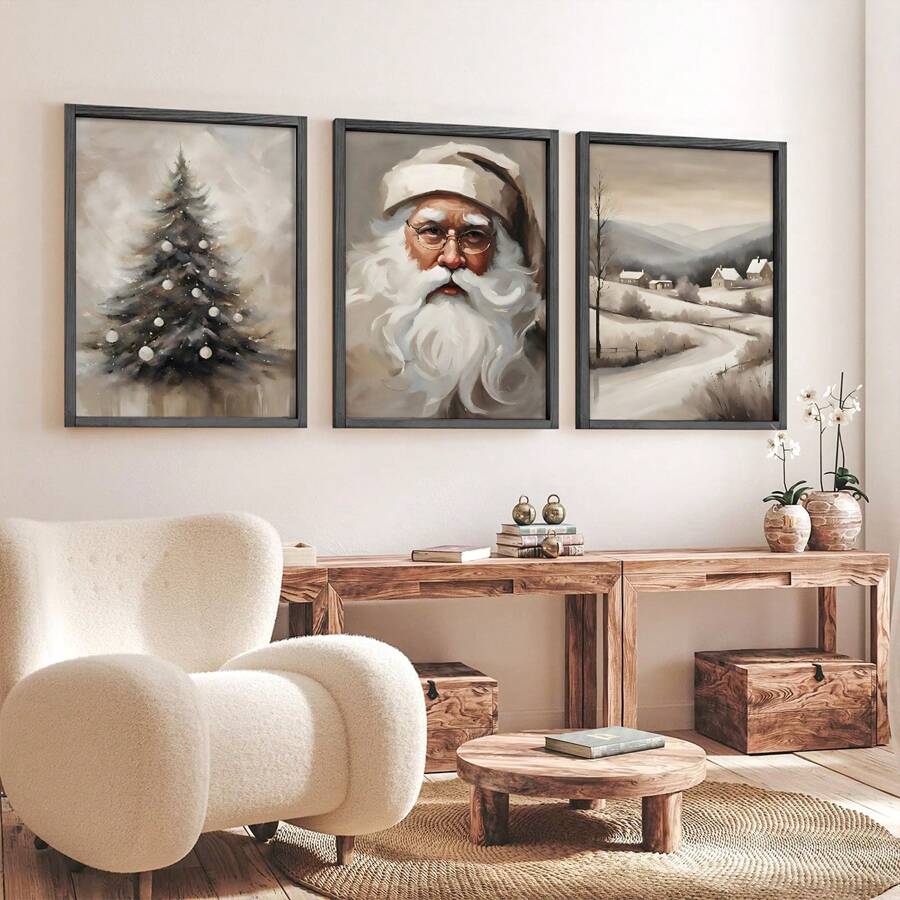 画廊 3 件套圣诞印刷品 | 圣诞节可印刷家居装饰 | 圣诞装饰品 | 圣诞墙壁艺术印刷品 | 帆布海报，家居、客厅、卧室帆布墙面装饰 - 彩色 - 查看 1