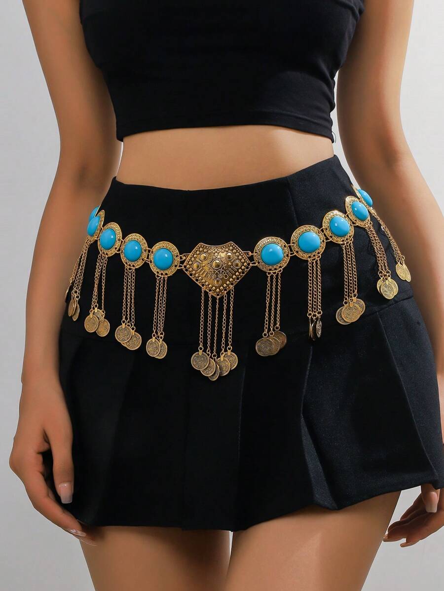 1 件复古时尚夸张做旧金属链绿松石圆盘流苏腰链和腰带，波西米亚高端百搭配饰适合任何场合