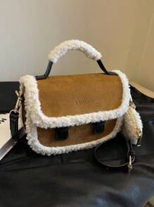 Bolso de mano tipo tote mini marrón retro con borde esponjoso, bolso, nuevo bolso de pelo, bolso inspirado en el estilo retro para mujeres