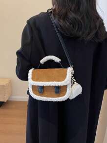 Bolso de mano tipo tote mini marrón retro con borde esponjoso, bolso, nuevo bolso de pelo, bolso inspirado en el estilo retro para mujeres