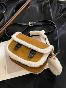 Bolso de mano tipo tote mini marrón retro con borde esponjoso, bolso, nuevo bolso de pelo, bolso inspirado en el estilo retro para mujeres