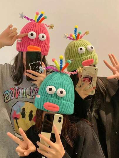 1pc Women's Autumn Solid Color Boho Casual Cute Retro Vintage Palace Style Warm Windproof Hood Hat, Silly Monster Mouth Knit Cap For Winter, Suitable For Outdoor Daily Use Halloween