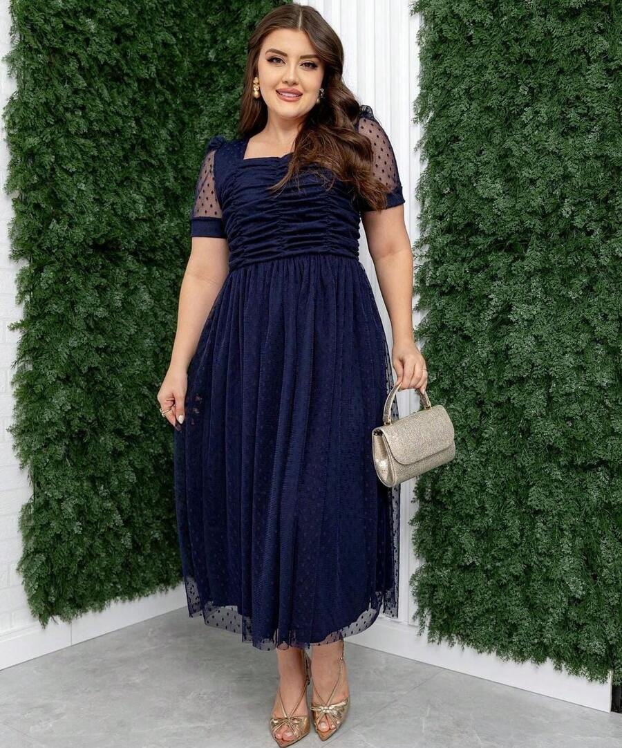 Women's Godet Dress Draped On The Bust Evangelical Fashion - 藏蓝色 - 查看 1