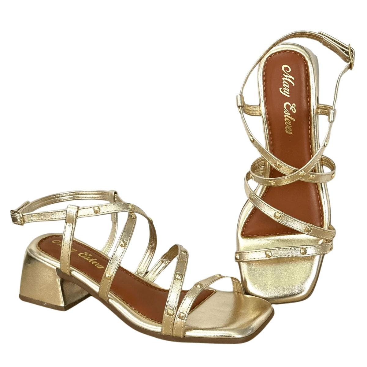 Women's Sandals With 5 Cm Square Block Heel, Casual Classic With Pyramids, Comfortable - 金色 - 查看 1