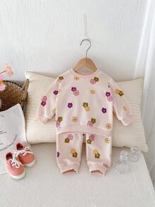 2pcs/Set Baby Girl Casual Allover Floral Print Waffle Long Sleeve Sweatshirt And Pants Set, Spring & Autumn - Apricot - View 8
