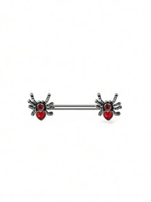 1 Stück Halloween schwarze Flügel Brustwarzen Stab lackierter Edelstahl Hantelbrustwarzenring mit roten Zirkonia Spinnen- und Fledermaus Elementen Brustwarzen Piercing Schmuck