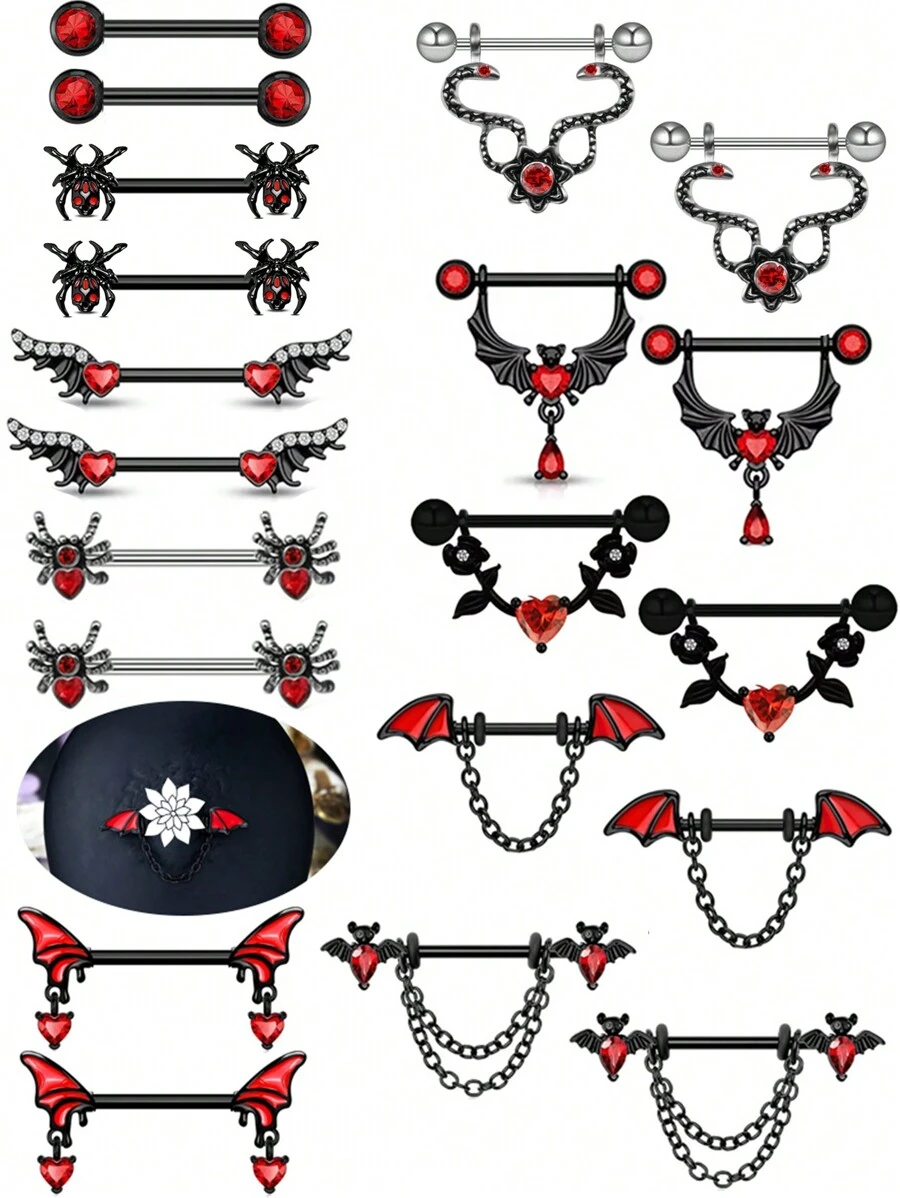 1 Stück Halloween schwarze Flügel Brustwarzen Stab lackierter Edelstahl Hantelbrustwarzenring mit roten Zirkonia Spinnen- und Fledermaus Elementen Brustwarzen Piercing Schmuck