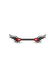 1 Stück Halloween schwarze Flügel Brustwarzen Stab lackierter Edelstahl Hantelbrustwarzenring mit roten Zirkonia Spinnen- und Fledermaus Elementen Brustwarzen Piercing Schmuck
